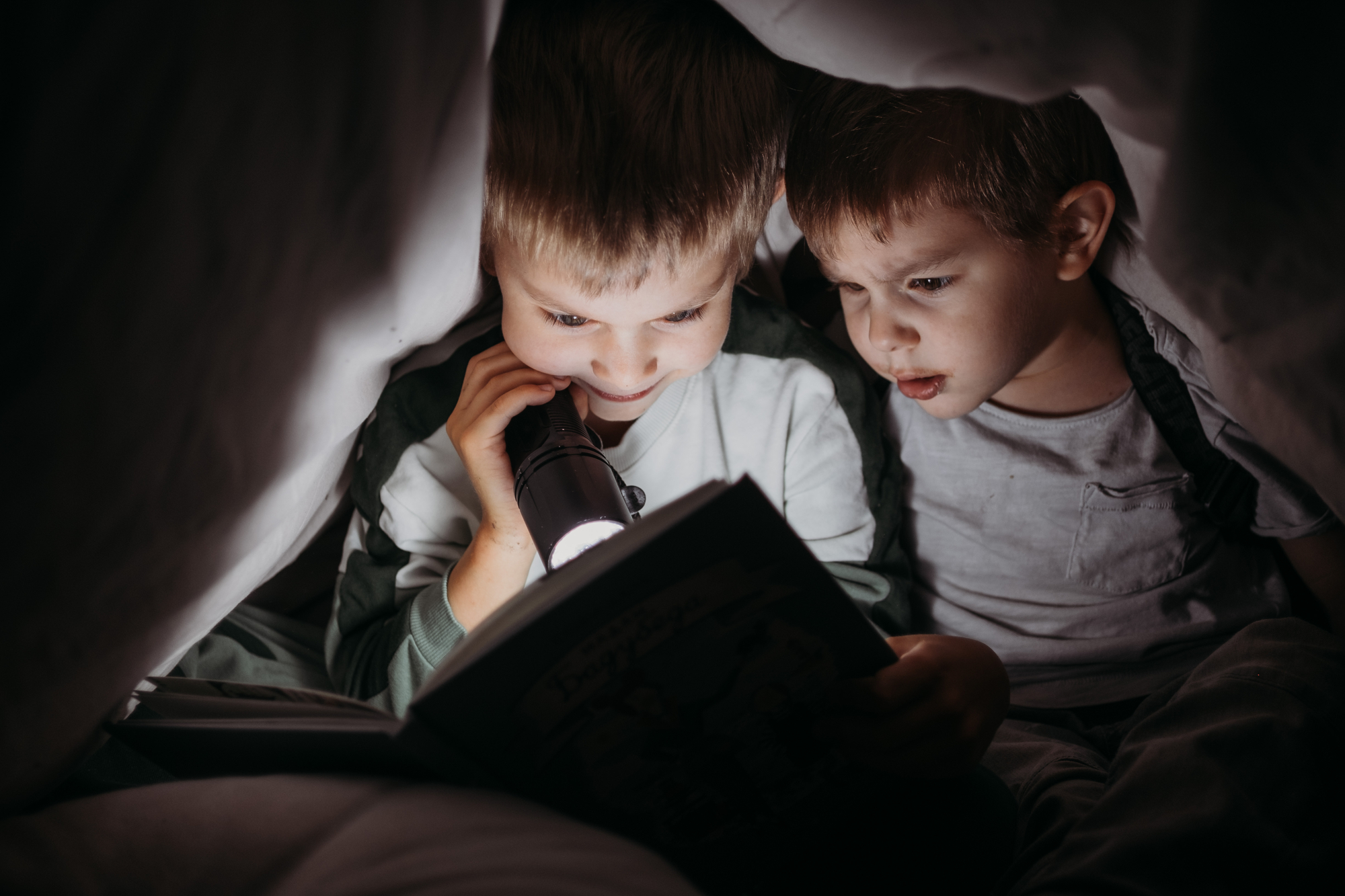brothers hiding under the covers reading