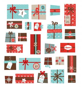 advent calendar.Collection of vector colorful Christmas present boxes. Holiday seamless pattern. calendar advent